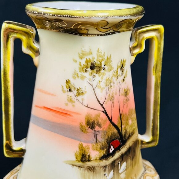Hand-Painted Landscape Porcelain Vase Gold Accents Made In Japan - Picture 5 of 10